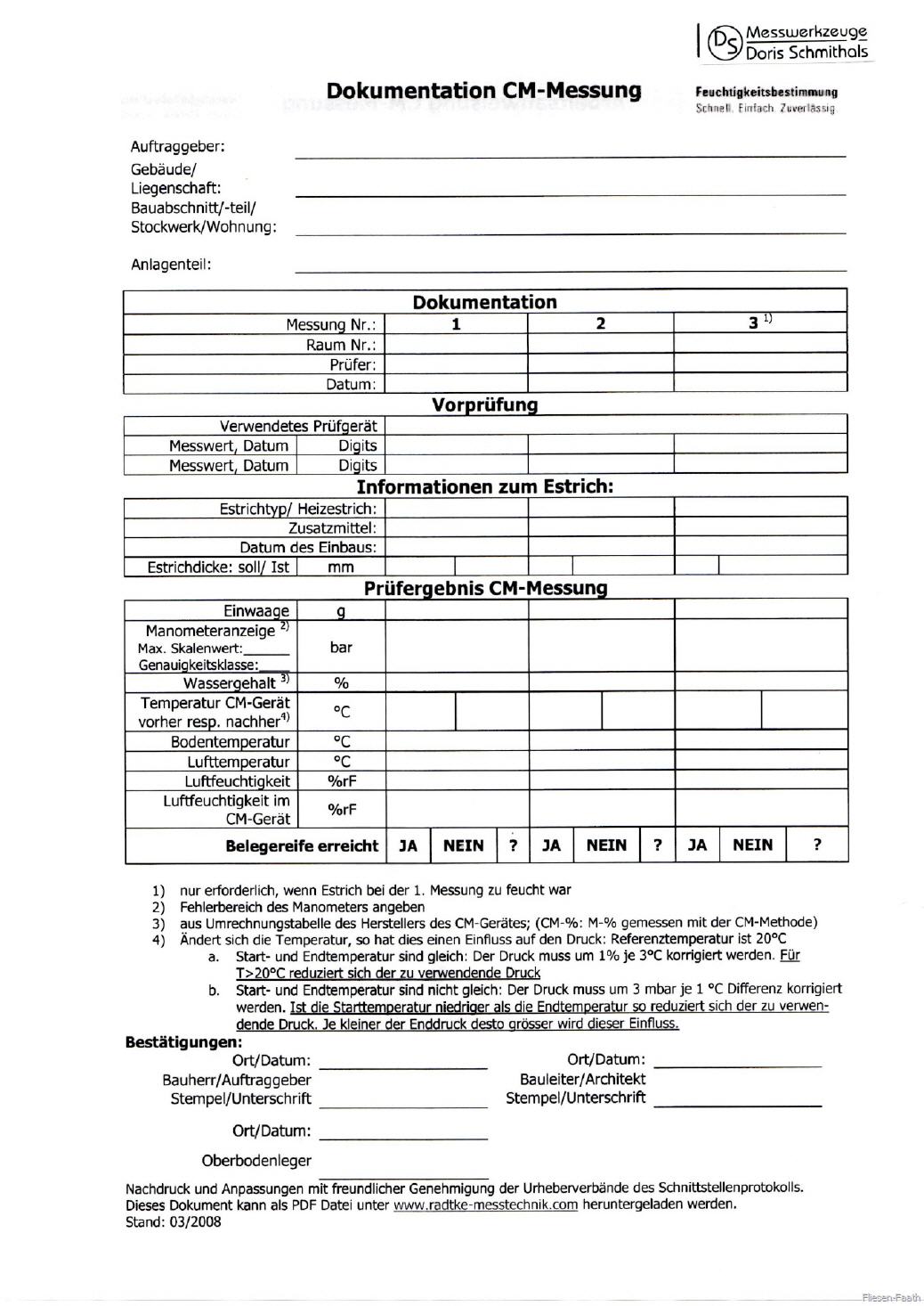 Messprotokoll zur CM-Feuchtigkeitsmessung